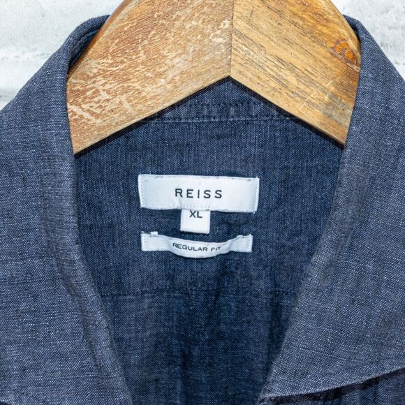 REISS Men's RUBAN Linen Button Through Shirt in Navy Blue Regular fit XL - Picture 2 of 7